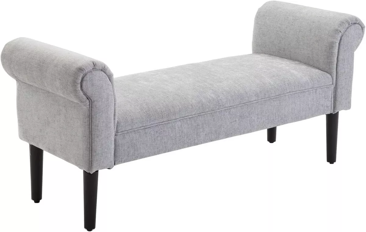 Grey Linen Bed End Bench Rolled Arm Padded Window Seat Ottoman Sofa Wooden Legs