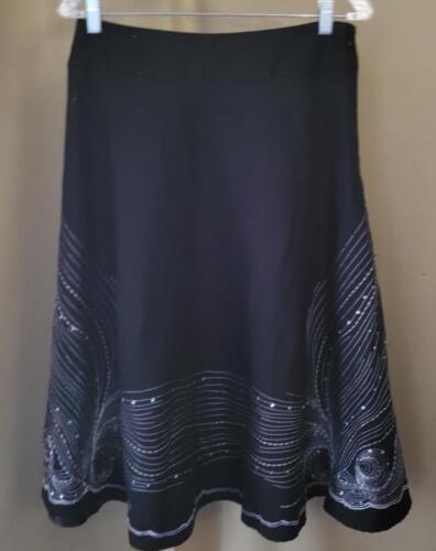 Carole Little Sz 8 Linen Rayon Black Flare Skirt Silver Embroidery Beads Sequins