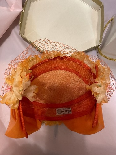 VNT 50s 60s Pennington Orange Pink Flower Pillbox Hat Floral Spring Mesh Mcm - Bild 9 von 11