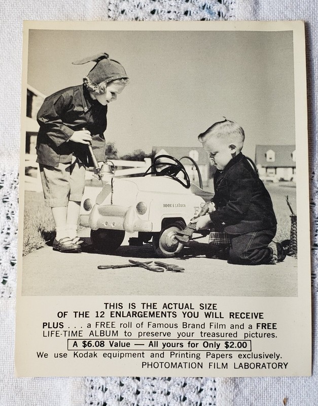 Glossy 1950s Advertising Photo Kids working on HOOK & LADDER car Photomation Lab