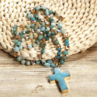 Boho Natural Blue Stone Cross Pendant Necklace Stylish Jewelry Long Chain Gift