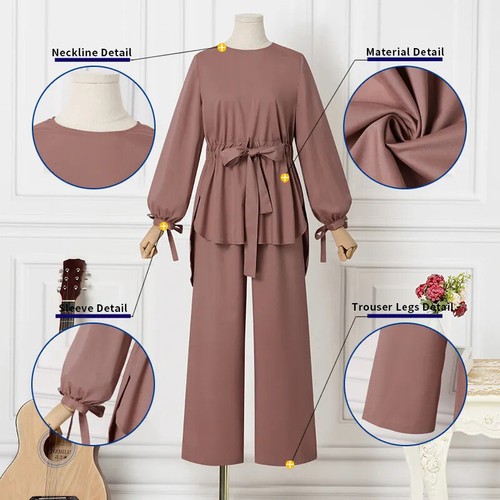 Women Islamic Muslim Casual Kaftan Abaya Arab Dress Belted Tops Pants 2PCS Sets - Picture 16 of 23