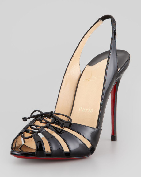 100% AUTH NEW WOMEN LOUBOUTIN CORSETICA BLACK PATENT SLINGBACKS HEELS US 7
