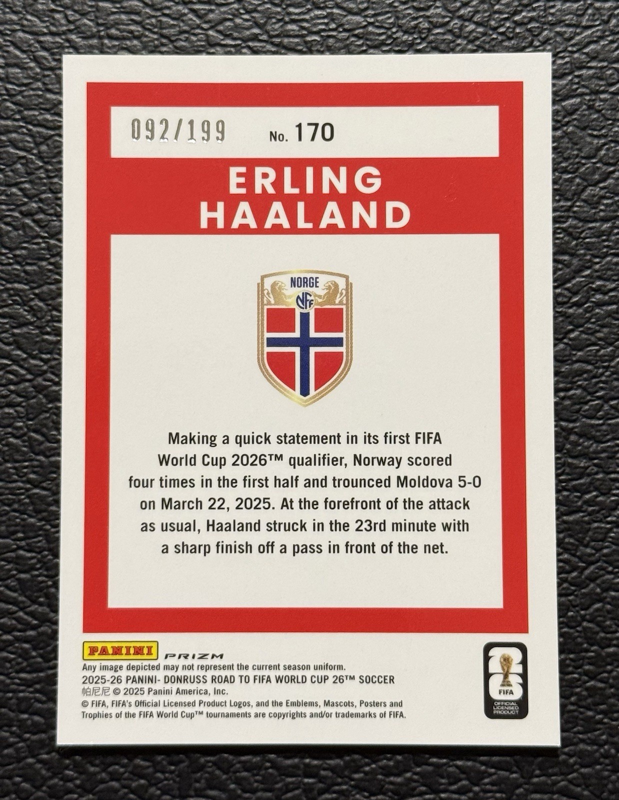 2025-26 Donruss Road to World Cup ERLING HAALAND 170 Optic Red Prizm /199 Norway view 2