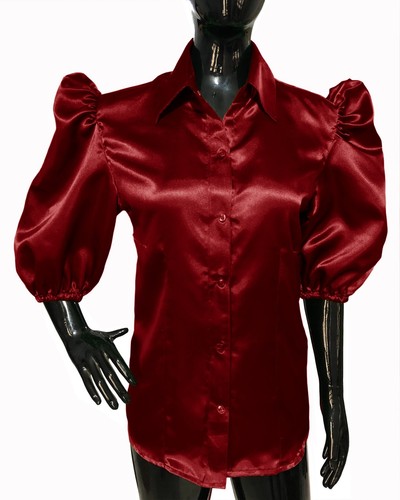 Women Satin Puff 3/4 Short Sleeve Blouse Button Down Shirt Casual Work Wear Top - Picture 16 of 37