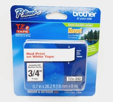 New Brother P-Touch TZe Tape, 3/4" Red Print on White Tape TZe-242