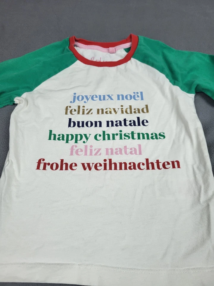 Boden Christmas Multilingual Shirt Boys 5 6Yr White Green Lightweight Crew Neck - Image 2 of 4