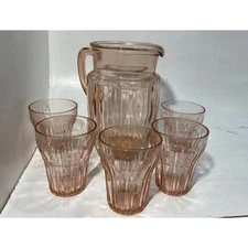 Pink Depression Glass Pitcher & 5 Tumblers – Ribbed Panel Lemonade Set 1930s–40
