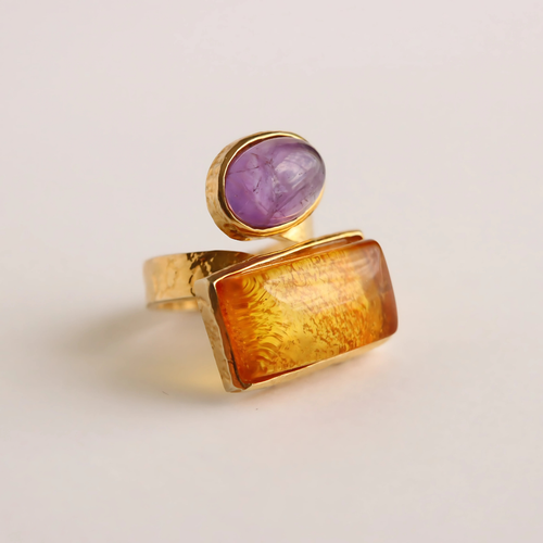 Baltischer Bernstein und Amthyst Goldring - Größenverstellbar - Bild 5 von 8