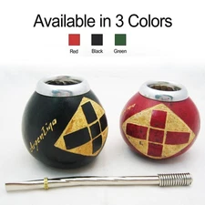 Pampas Carved Cross Hand Made Mate Gourd For Yerba Or Tea With Straw Bombilla Ki