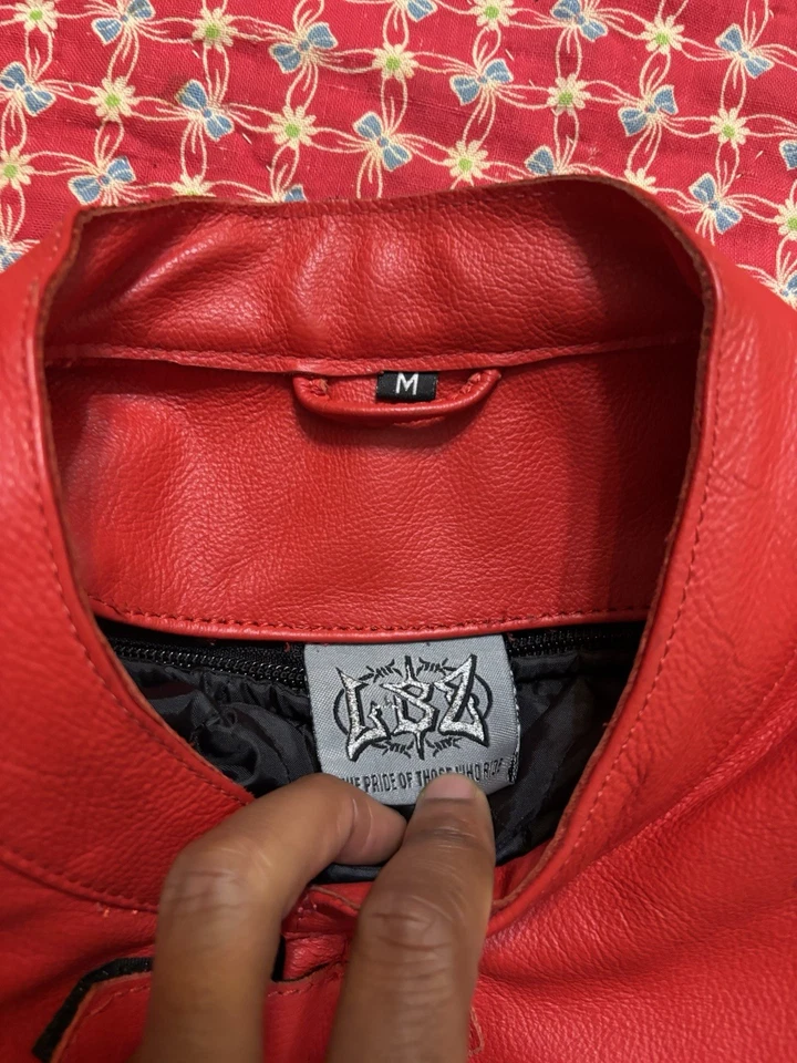 Chaqueta de motociclista de cuero roja LBZ de la década de 1990 ¡mangas acolchadas súper limpias talla mediana!! Foto 3 de 4