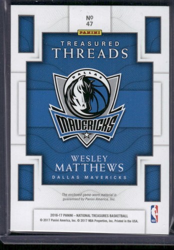 WESLEY MATTHEWS 2016-17 Panini National Treasures Treasured Threads Patch #D /25 - Picture 2 of 2