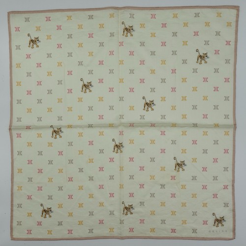 Celine Paris Ivory Logo Monogram Pocket Square Tiger Logo Cotton Scarf 19.5"x19"