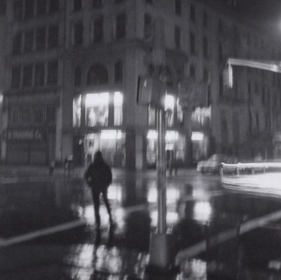 Rainy Night Street Corner With Silhouette NYC 1970s Gelatin Silver Photograph
