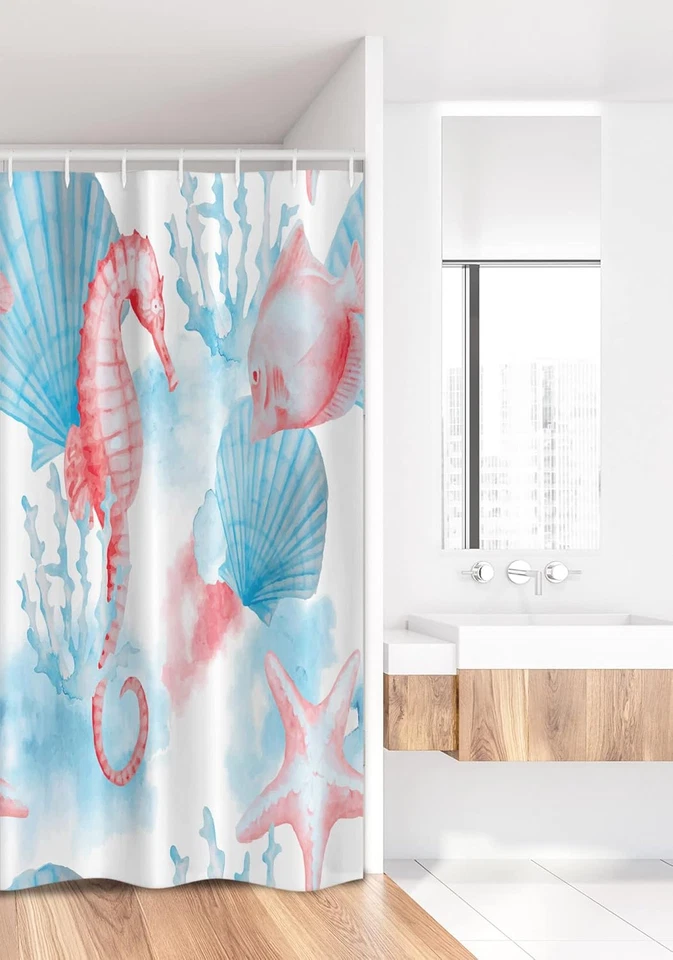 Ambesonne Puesto Náutico Cortina de Ducha, Conchas Caballo de Mar Corales Peces Playa de Arena Foto 2 de 4