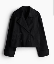 H&M Short Trench Coat / Cropped Double-Breasted Peacoat in Black Sz S Oversized