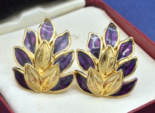 Vintage Earrings TRIFARI 1980s Stylish Purple Enamel Leaves Goldtone Jewellery
