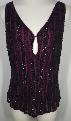 Papell Boutique Evening Women's Silk Sequin Beaded Sleeveless Top Purple Black L