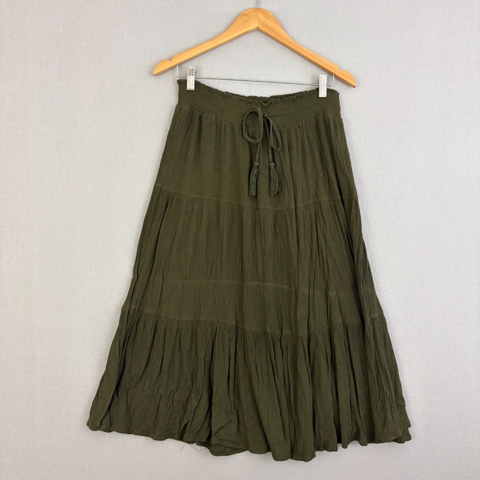 Suzanne Grae Skirt Womens Medium Green Midi Tiered Shirred Crinkle Tassel Boho