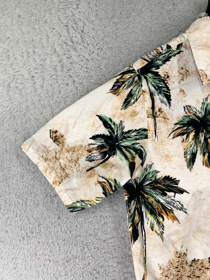 Camisa Ron Jon Surf Shop Para Hombre Pequeña Beige Verde Floral Palma Hawaiana 100% Algodón Foto 3 de 4
