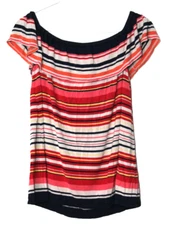 MAX STUDIO KNIT SHIRT ladies size L pink orange blue stripe sleeveless ruffle