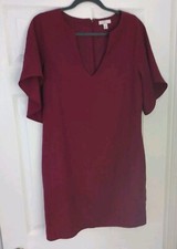 Halston Dress Burgundy V-Neck Flowy Short Sleeve Size 6
