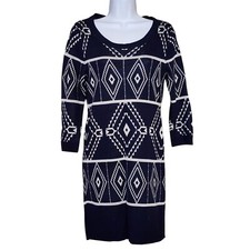 Liv Womens Sweater Dress Size M Blue White Diamond 3/4 Sleeve Round Neck