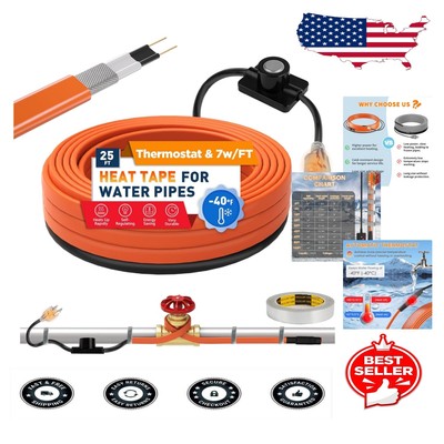 25FT Heat Tape for Water Pipes with Thermostat - Self-Regulating & Energy-Saving