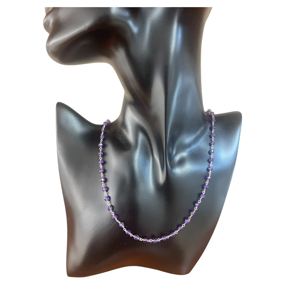collana unisex argento 925 rodiato con pietre ametista viola tipo rosario - Immagine 2 di 3