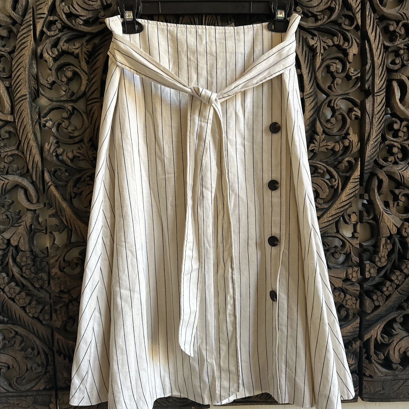 Ann Taylor Skirt A Line 6 T Ivory Black Striped Tie Waist Linen Blend Buttons
