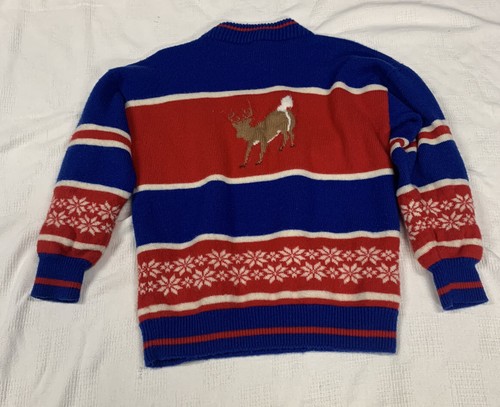 Acryl Ugly Sweater rot weiß blau Schneeflocken HIRSCH vorne und hinten Herren Small - Bild 7 von 9