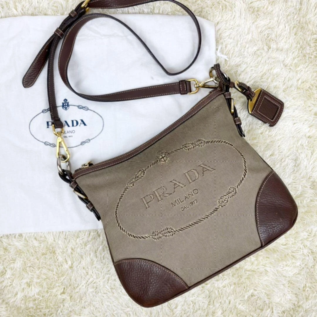 Prada shoulder bag Crossbody Bag logo Canvas jacquard beige brown