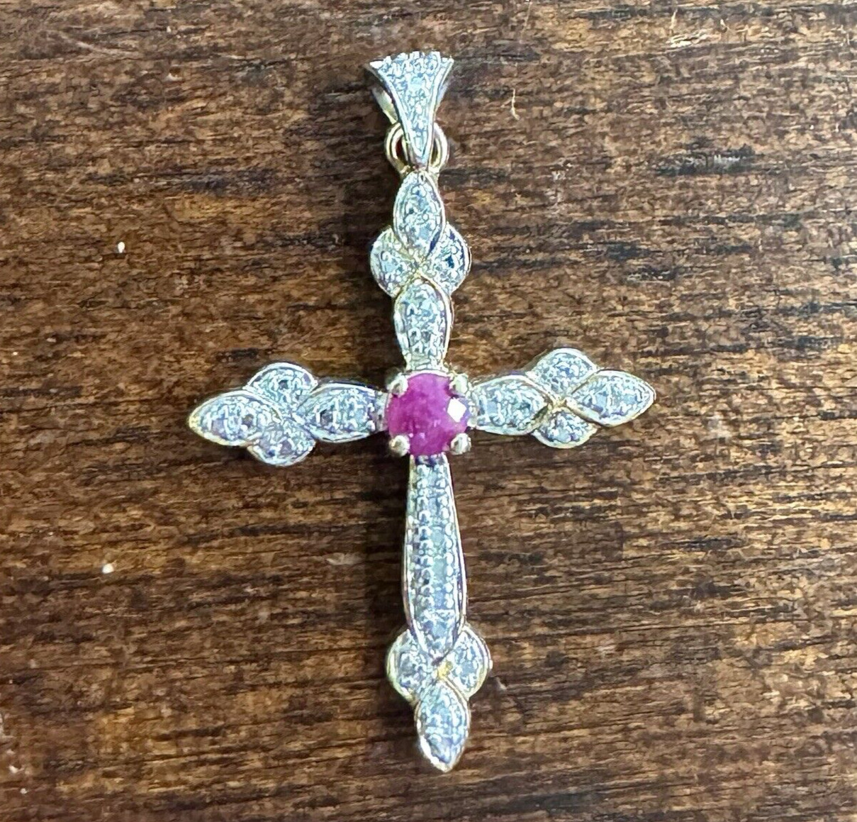 Red Ruby Cross Pendant .925 Sterling Silver with … - image 1