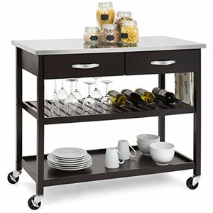 Pine-Wood-Kitchen-Island-Utility-Cart-With-Stainless-Steel-Countertop-Shelving