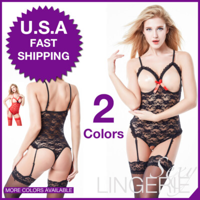 #47 Open Cup & Crotchless Floral Lace Garter Teddy Body Suit, Braless  Lingerie