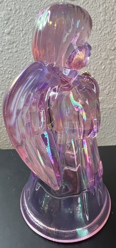 FENTON Pink Iridescent Carnival Glass Praying Angel 22Kt Gold Butterfly VTG Wing - Picture 5 of 12