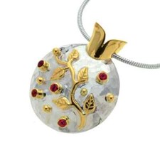 Ruby Pomegranate Pendant in Gold And Silver Hammered Leaf Necklace Charm Jewelry