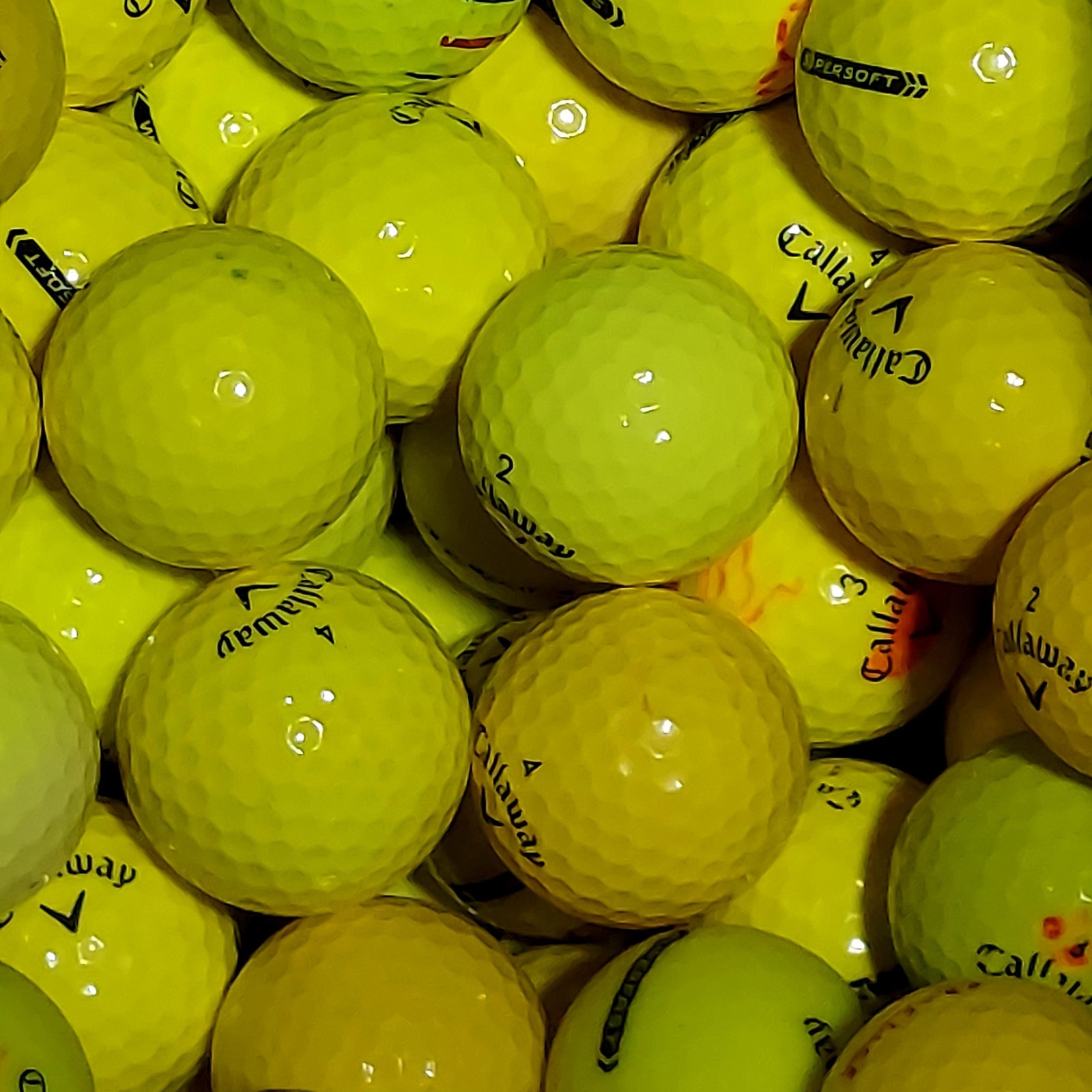 50 Callaway Yellow Golf Balls &ndash; Assorted Mix &ndash; 3A Grade Used &ndash; Bulk Practice Lot