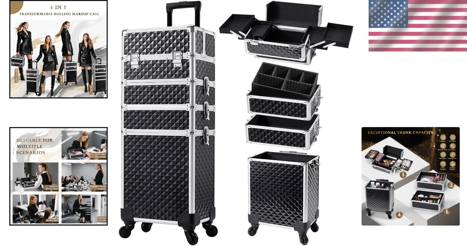 Portable Rolling Makeup Case with Key Lock - Black - Image 2 of 4