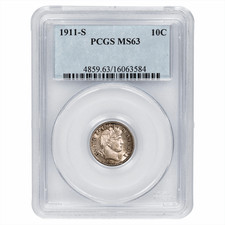 1911S Barber Dime 10C PCGS MS 63