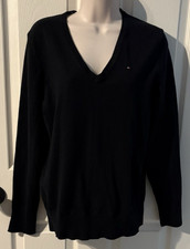 NWT Women's Tommy Hilfiger Jumper Sweater V-Neck Pima Cotton Blend Black Size L