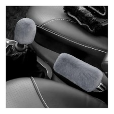 2PCS Fluffy Car Gear Shift Knob  Handbrake Cover, Comfortable Plush Light Gray