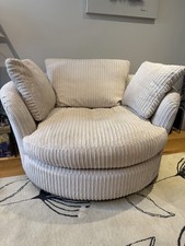 Beige Solid Corduroy Upholstered Swivel Chair Indoor Wood Frame w/ Cushions