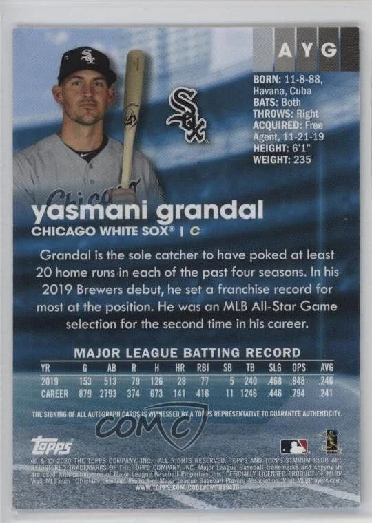 2020 Topps Stadium Club Auto Yasmani Grandal #AYG Auto - Image 2 of 2
