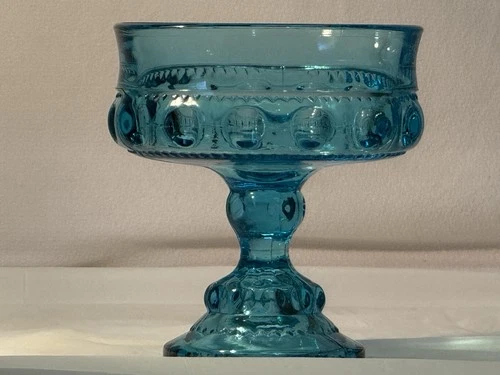 Vintage 1960’s Thumbprint Indiana Glass Aqua pressed Glass Pedestal Candy Dish