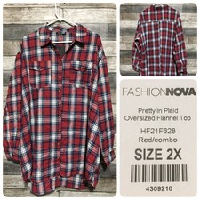 Fashion Nova Pretty In Plaid Oversized Flannel Shirt Tunic Women’s 2X Red Blue