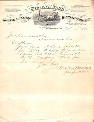 1892 Walter A. Wood Mowing & Reaping Machine Co. Letterhead Ghost Imprint