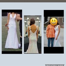 White Iridescent Sequin Chevron V-Neck Sleeveless Backless Long Women's Gown