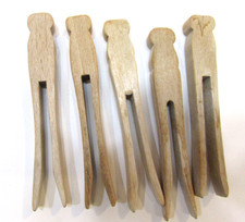 Five Primitive Old 1920's Solid Wood  4" Clip On Line Antique Clothespins C