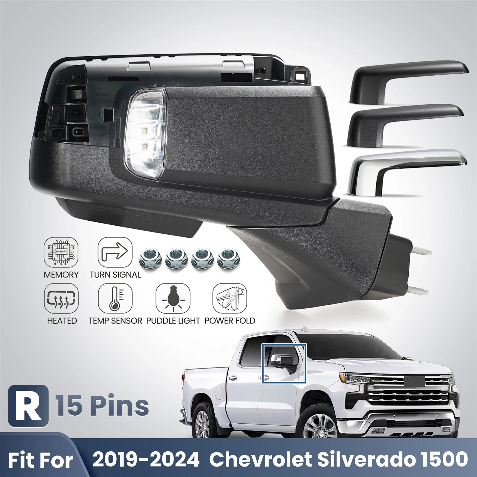 Side Mirror For 2019-2024 Chevy Silverado 1500 Heated W/Turn Signal 15 Pin Right